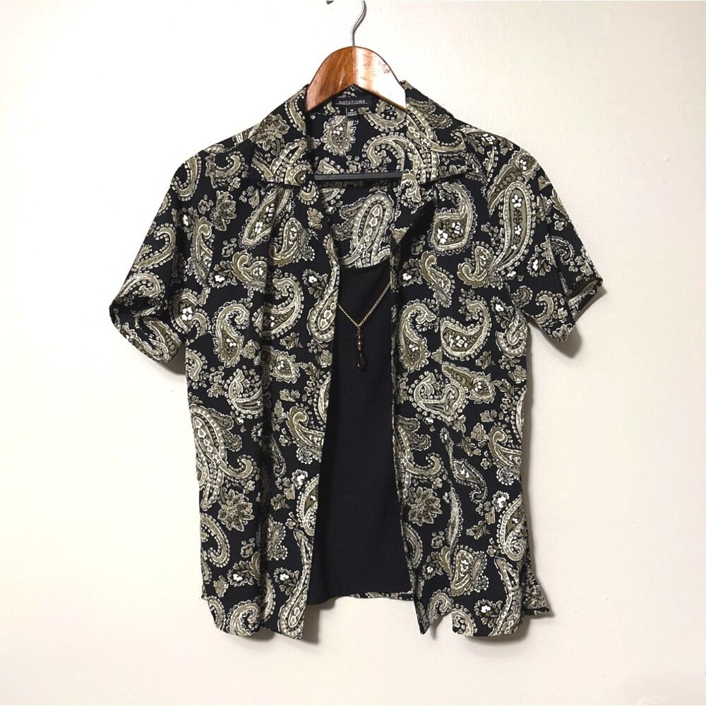 Vintage Black Paisley Print Button-Up Shirt By Notations M